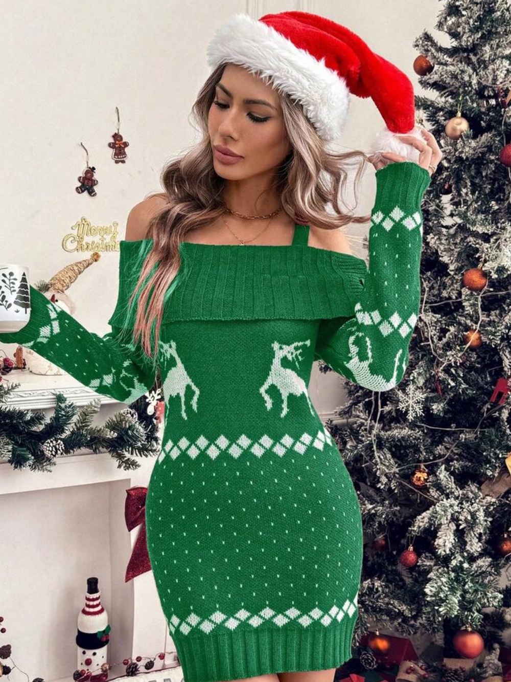 Clasi Christmas Style Cold Shoulder Deer Pattern Long Sleeve Sweater Dress